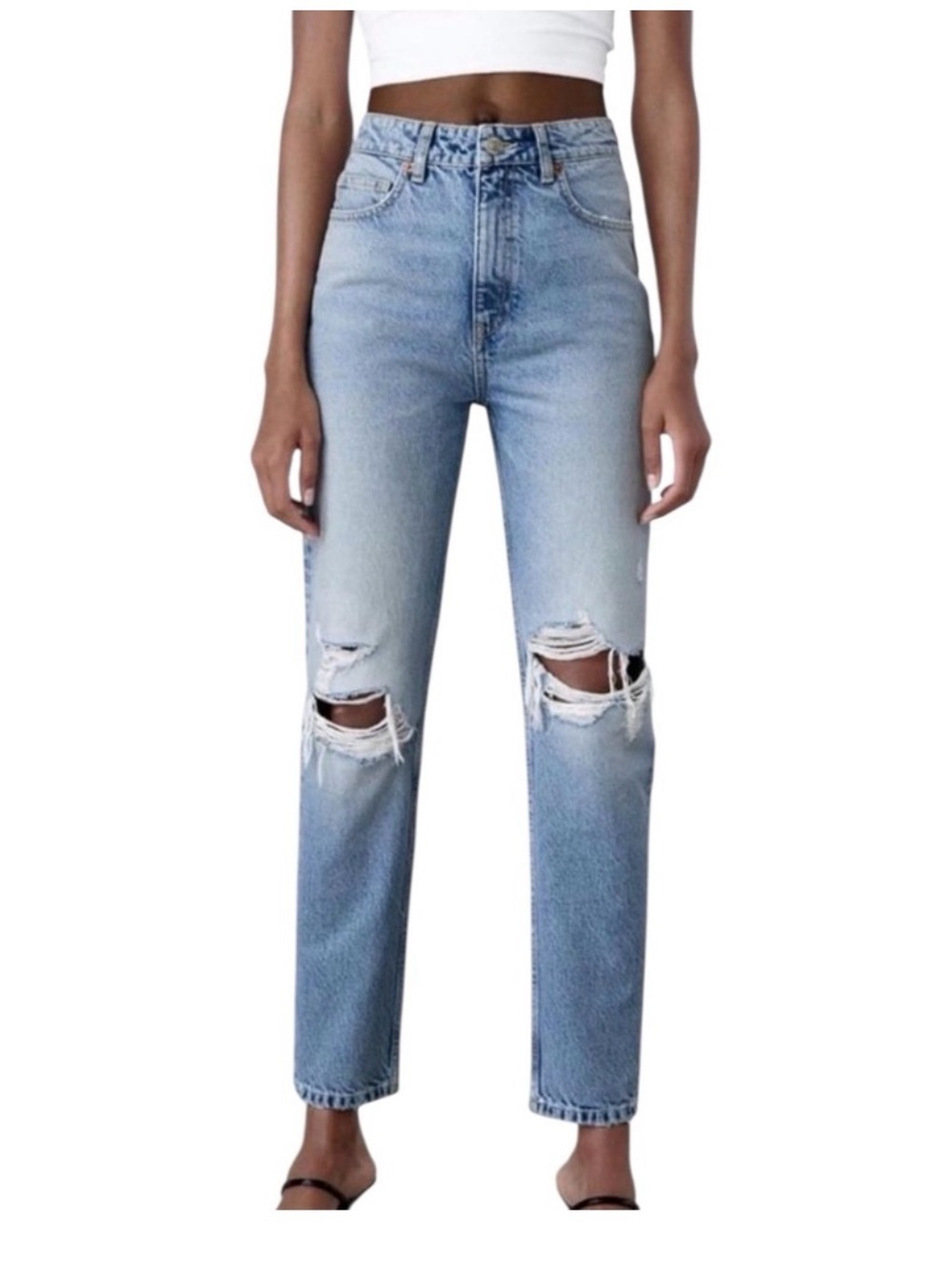 Zara Hi Rise Distressed Straight-Leg Mom Jeans